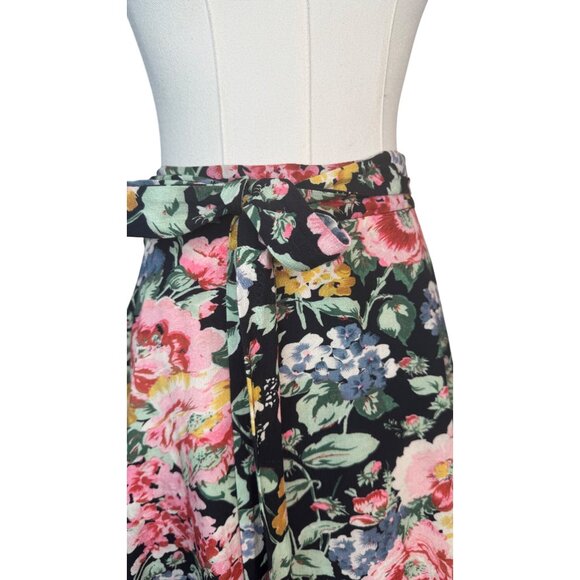 ZARA Medium Floral Skirt Black Floral Multicolor Tie At Waist - Picture 8 of 11